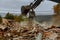 house destroyed bricks, sticks trees, debris beam natural disaster