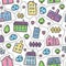 House doodle seamless pattern color. Vector pattern with various houses. Village texture cartoon style vector illustration