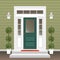 House door front with doorstep and mat, steps, window, lamp, flowers in pot, building entry facade, exterior entrance design