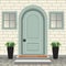 House door front with doorstep and steps, lamp, flowers in pots, building entry facade, exterior entrance with brick wall design