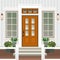 House door front with doorstep and steps porch, window, lamp, flowers in pot, building entry facade, exterior entrance design