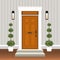 House door front with doorstep and steps, window, lamp, flowers in pot, building entry facade, exterior entrance design