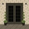 House door front with doorstep and window, lamp, flowers, building entry facade, exterior entrance with brick wall design