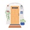 House door, front view from street. Closed home entrance exterior with potted flower plants, lamp, postbox, peehole and