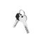 House door lock keys bunch on ring on white background isolated close up, two silver metal keys on keyring, pair of steel keys