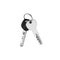 House door lock keys bunch on ring on white background isolated close up, two silver metal keys on keyring, pair of steel keys