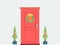 House entrance door decorated for Christmas holiday, flat vector illustration.