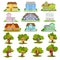 House Exterior Front Building and Wooden Tree House with Ladder Big Vector Set