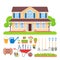 House exterior, garden tools set. Vector illustration.