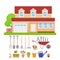 House exterior, garden tools set. Vector illustration.