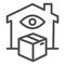 House with eye and box line icon, smart home symbol, remote order delivery control vector sign on white background