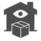 House with eye and box solid icon, smart home symbol, remote order delivery control vector sign on white background