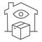 House with eye and box thin line icon, smart home symbol, remote order delivery control vector sign on white background
