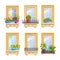 House facade window vector illustration set with home plants, roses, wooden frame, iron railings.