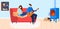 House family, man plays guitars, relax together, happy young people, sofa comfort, design, in cartoon style vector