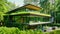 A house featuring a green roof stands amidst a lush landscape filled with numerous trees, An eco-friendly high-tech, glass home