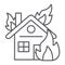 House on fire thin line icon, burn and accident, burning home sign, vector graphics, a linear pattern on a white