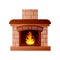 House fireplace from stone and wood material with burning fire