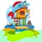 House fisherman. Cartoon illustration of a wooden hut on stilts near the river