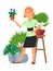 House florist woman flowers indoor floriculture vector illustration. Nature home decoration gardening. Indoor plants in