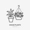 House flowers in flower pots flat line icon. Plants growing in flowerpot sign. Thin linear logo for gardening, planting