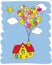 House flying with balloons