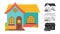 House front flat cartoon or engraved ink stamp doodle set vintage facade small tiny houses
