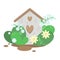 House in the garden for insects and birds, anthill, beehive, village, grass, plant bushes, blue and yellow flower