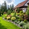 A house with a garden and a lawn