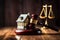 House, Gavel and scale of justice on wooden table. Law concept. Ai generative