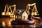 House, Gavel and scale of justice on wooden table. Law concept. Ai generative