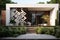 a house with a geometric patterned facade and a minimalist garden