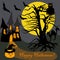 House Halloween Haunted Tree Owl Bat Pumpkin Card