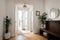 House hallway entrance interior with stairs and furniture. Apartment background with door, mirror, bag on hanger, flower in vase,