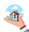House on hand. Real estate person holding comfortable building on hand with key garish rental vector concept picture