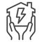 House in hands with electricity lightning line icon, smart house concept, home energy vector sign on white background