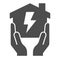 House in hands with electricity lightning solid icon, smart house concept, home energy vector sign on white background