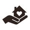 House with heart, caring hand vector sign. Home care logo