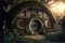 House of the hobbit hole. Fantasy Village Shire, houses with round doors and windows. The fabulous landscape of the Lord of the