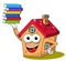 House or home cartoon funny mascot holding pile of books isolated