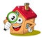 House or home cartoon funny mascot looking glass or magnifying isolated