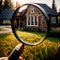 House hunting property search, magnifying glass looking at home