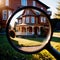 House hunting property search, magnifying glass looking at home