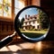 House hunting property search, magnifying glass looking at home