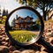 House hunting property search, magnifying glass looking at home