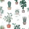 House indoor plant vector cartoon doodle seamless pattern. Potted flowers background