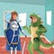 House interior background with half body warrior princess and lizard man costume