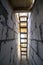 House interior under construction and renovation. Perspective view of wooden ladder, future staircase in long corridor passage