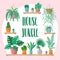 House jungle phrase with home plants collection in flat style, modern calligraphy sign and indoor plants in colorful