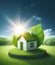 house on a lawn, green energy concept, leaf behind, back light at sunset, 3d render